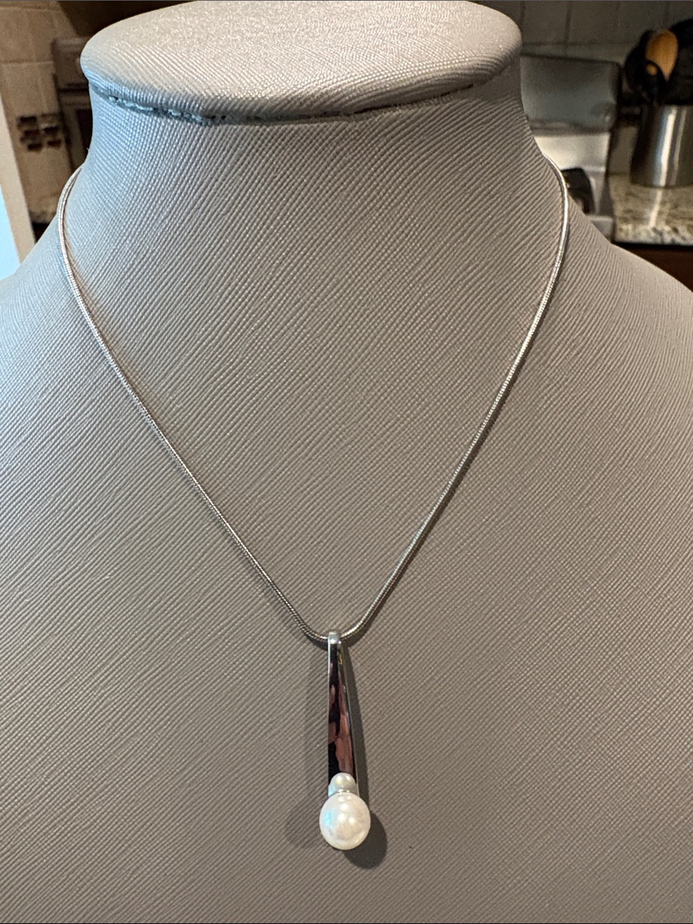 White House Black Market Silver Teardrop Pendant Necklace with White Pearl